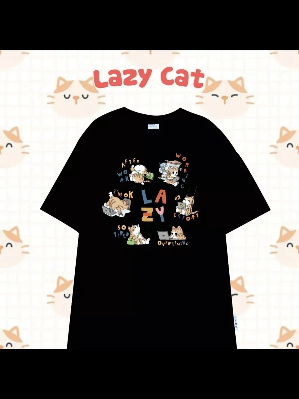 Lazy Cat Black Graphic Cat T-Shirt - Size M